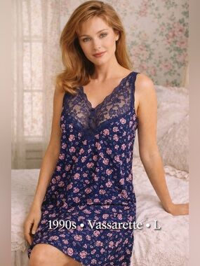 Vintage 90s Vassarette Floral Lace Nightgown Blue Pink Cottagecore L